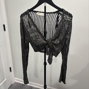 Ocean Drive Black Metallic Open-Knit Tie Top